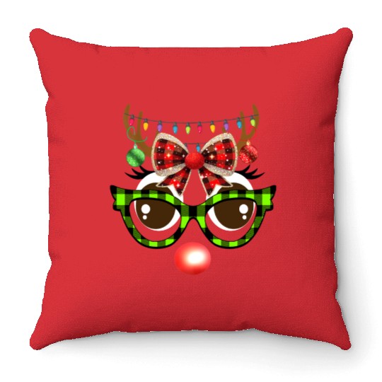 Reindeer face coquette bow Christmas Plaid Glasses Throw Pillows