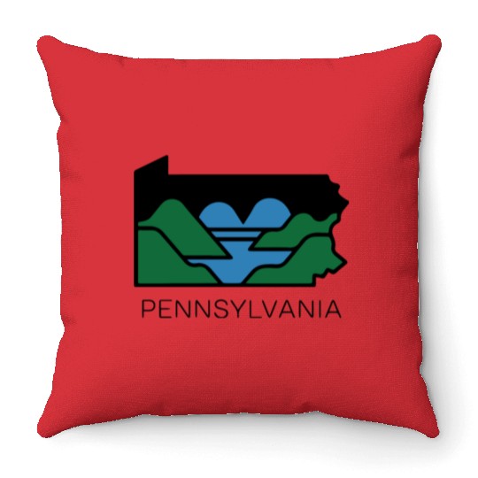 Pennsylvania Outline with Heart Shaped River Map Throw Pillows