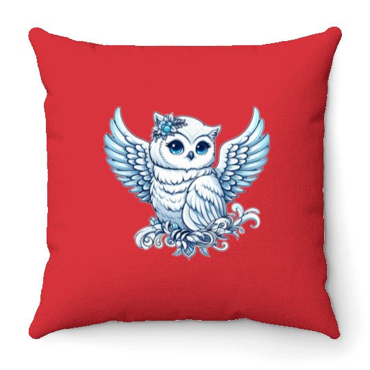 Cute snowy owl blue eyes angel wings cartoon Throw Pillows