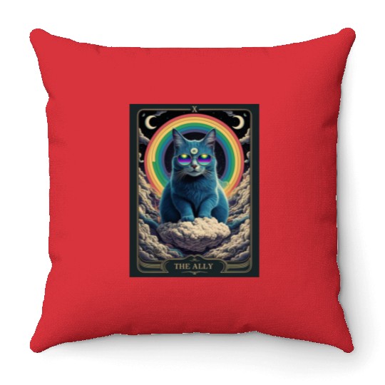 tarot card the alley blue cat rainbow sunglasses Throw Pillows