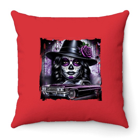 lowrider catrina Sugar skull Throw Pillows