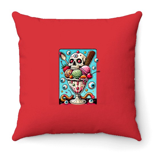 Spooky Sundae Skull Art: Creepy Dessert Aesthetic Throw Pillows