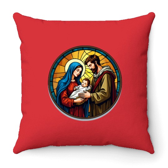 Holy Family Stained Glass Nativity Ar Throw Pillows