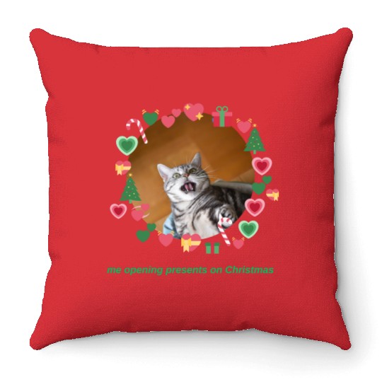 Funny Cat Christmas Gift Opening  Throw Pillows
