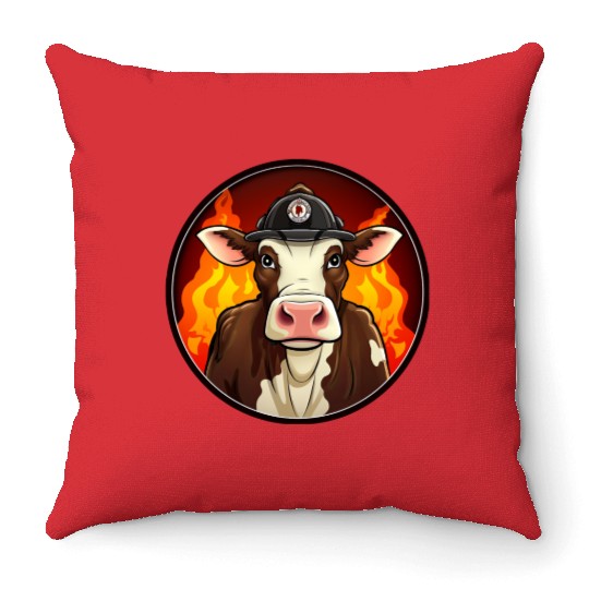 Firefighter cow Throw Pillows