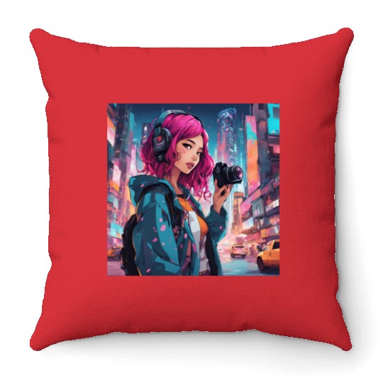Cyberpunk Pink-Haired Girl - Neon Dreams Throw Pillows