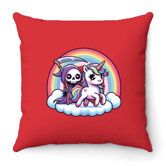 Cute Reaper And Unicorn Rainbow Throw Pillows