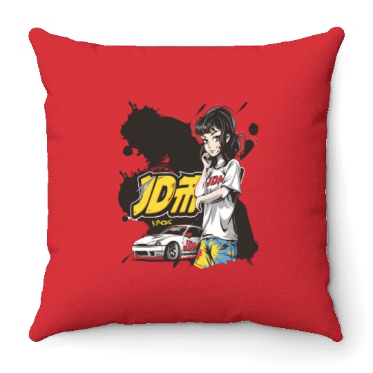 Cute Anime Girl JDM Car Street Racer Throw Pillows
