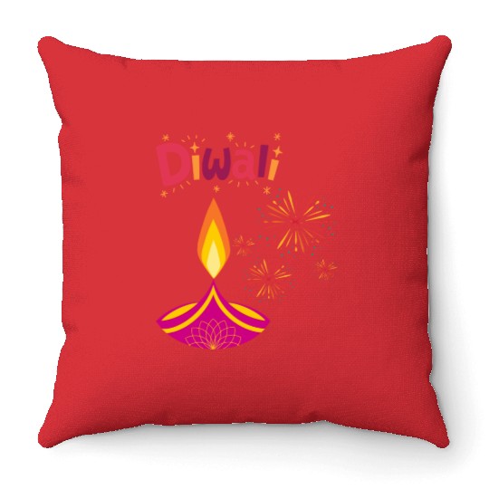 Diwali Design with Lamp & Festive Fireworks Throw Pillows