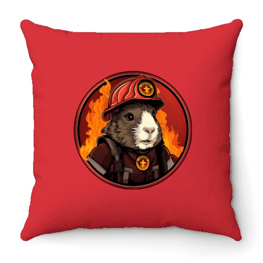Firefighter guinea pig Throw Pillows