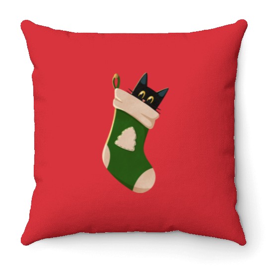 Black cat in Christmas stocking Throw Pillows