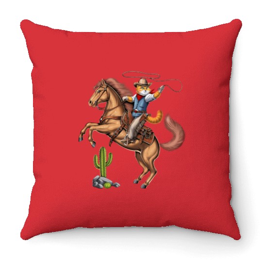 Cat Cowboy Riding Rodeo Horse Throw Pillows