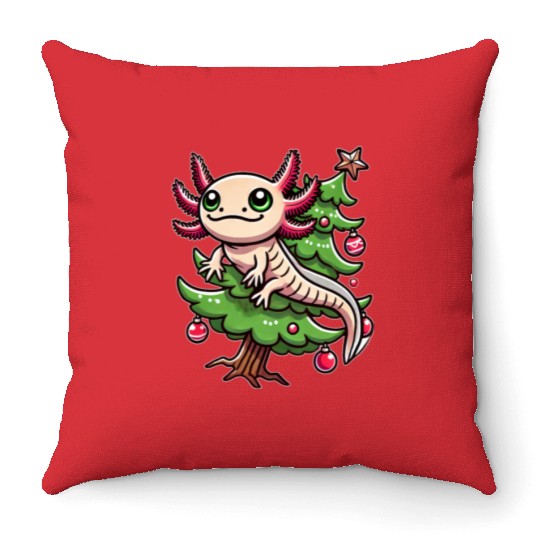 Cute Axolotl Christmas Tree Comic Style Throw Pillows