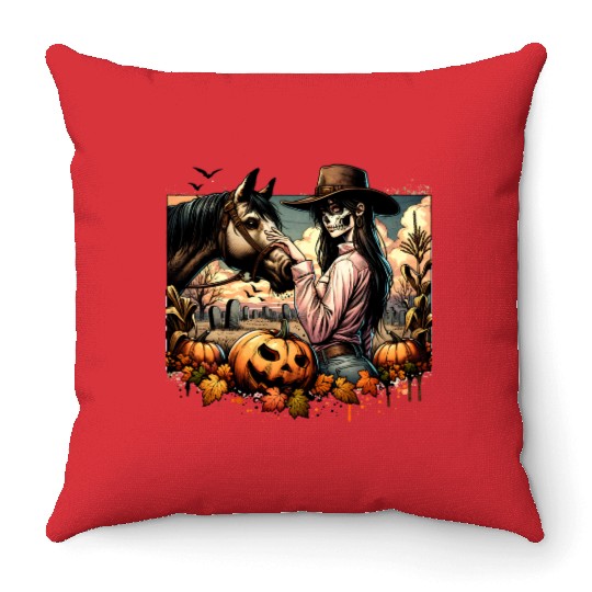 Haunting Cowgirl and Horse in Halloween Graveyard Throw Pillows