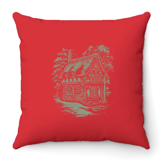 Enchanting Dark Cottagecore House In The Woods Throw Pillows