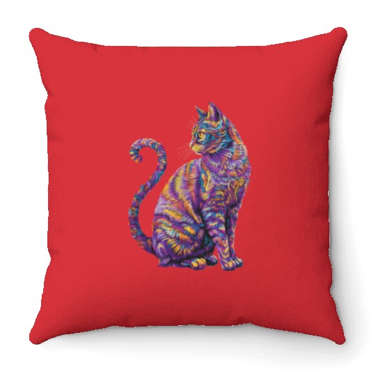 Vibrant Psychedelic Cat - Colorful Feline Art Throw Pillows