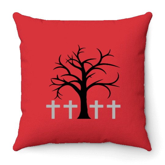 Tree Bald Winter Autumn Crosses Halloween Cemetery Throw Pillows