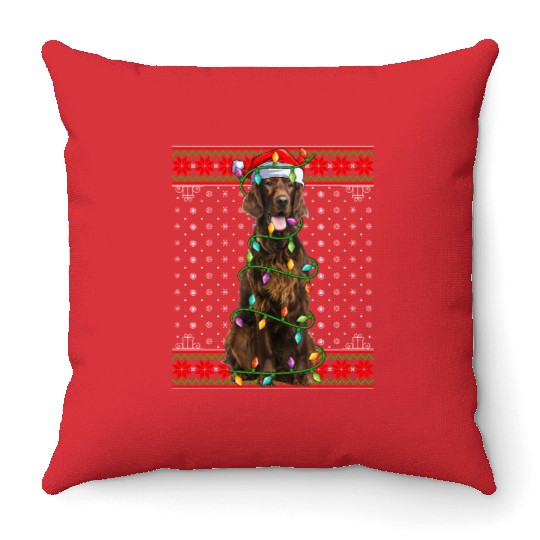 Irish Setter Dog Ugly Christmas Lights Throw Pillows