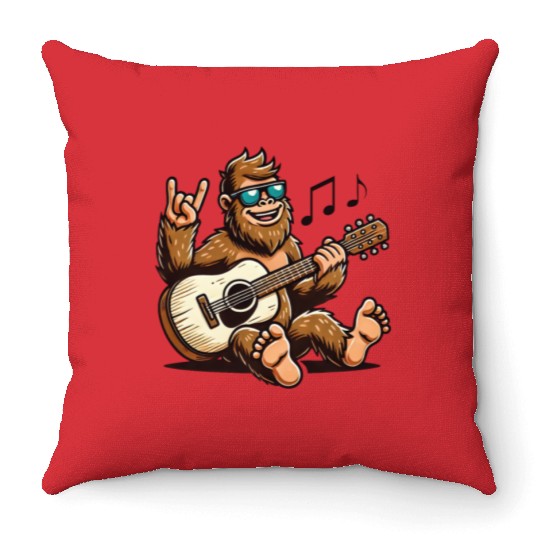 Funny Bigfoot Sasquatch Singing Guitar Playing Throw Pillows