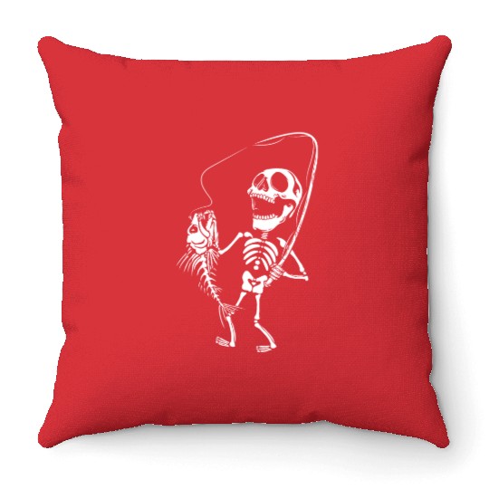 Funny fishing skull Throw Pillows