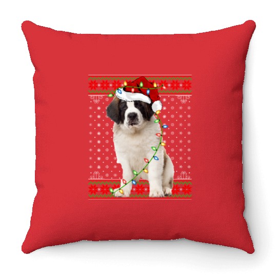 Saint Bernard Dog Ugly Christmas Lights Throw Pillows