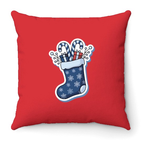 Christmas Stocking Candy Canes Blue And White Throw Pillows
