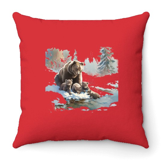 Retro 399 Grizzly Bears Wilderness Scene 90s Throw Pillows