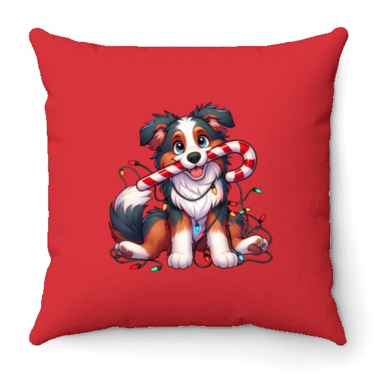 Christmas Dog Australian Shepard Lights Throw Pillows