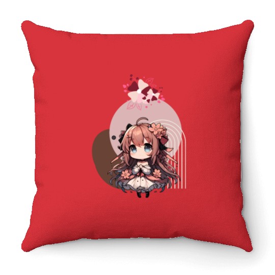 Chibi anime girl with flowers Throw Pillows