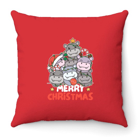 Hippo Christmas Tree Merry Christmas Throw Pillows