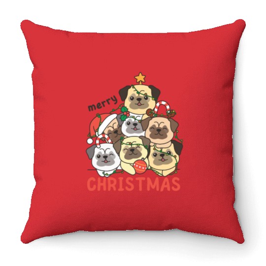 Pug Christmas Tree Merry Christmas Throw Pillows