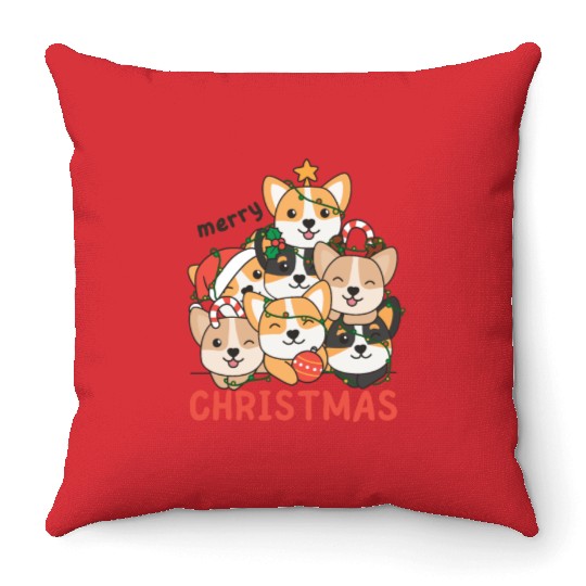 Corgi Christmas Tree Merry Christmas Throw Pillows
