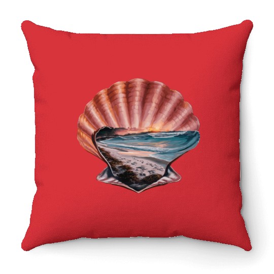Seashell Beach Scene Serene Ocean Landscape Throw Pillows