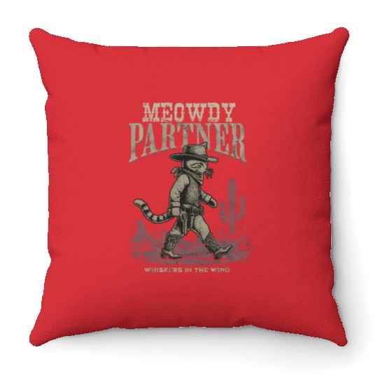 Meowdy Partner Whiskers In The Wind Cowboy Cat Throw Pillows
