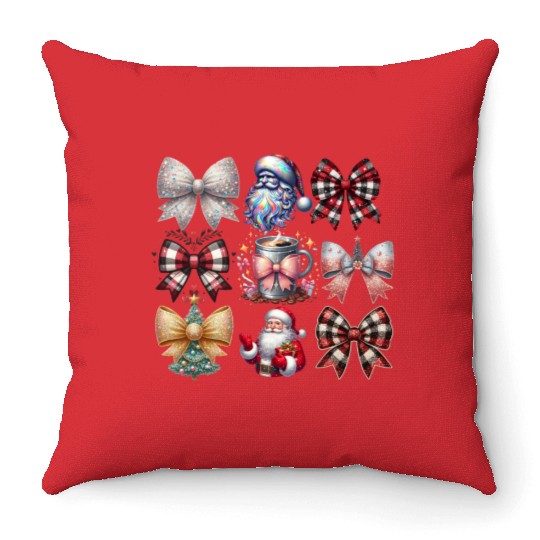 Coquette Bow Santa Christmas Tree Cake Candy Throw Pillows