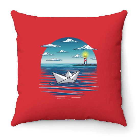Guided Voyage Paper Boat Sailing Toward Lighthouse Throw Pillows