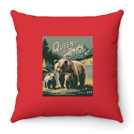 Queen of the Tetons Grizzly 399 Vintage Nature Art Throw Pillows