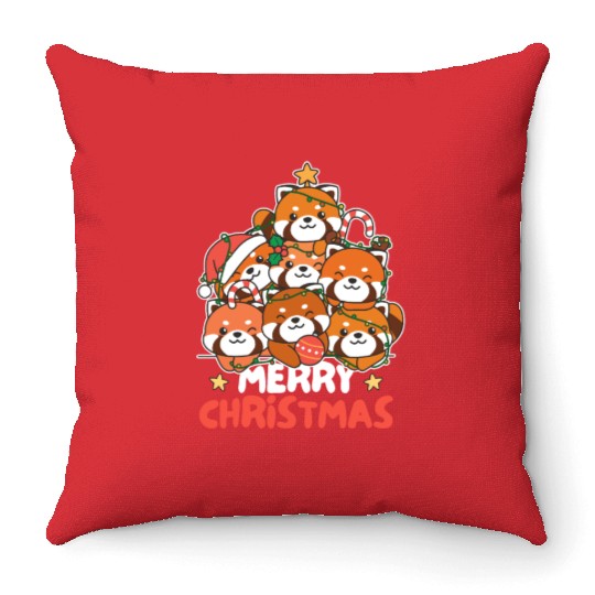 Red Panda Christmas Tree Merry Christmas Throw Pillows