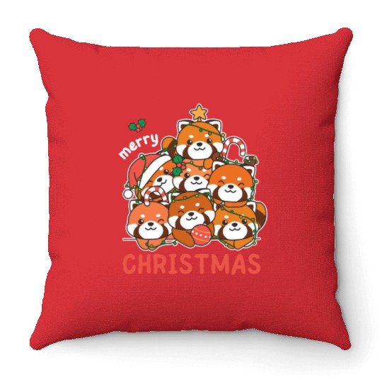 Red Panda Christmas Tree Merry Christmas Throw Pillows