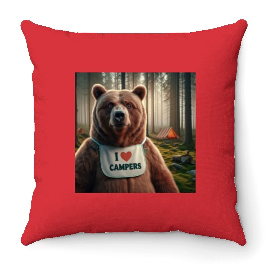 I love campers Grizzly bear with bib Throw Pillows