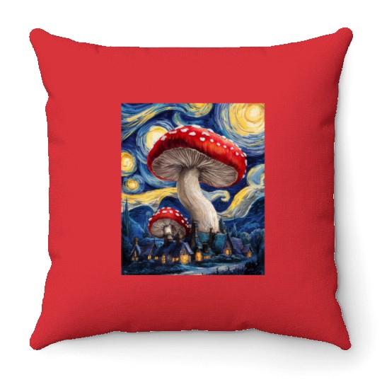 Starry Night Mushroom Surreal Dreamscape nature Throw Pillows