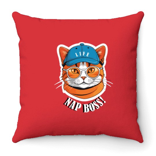 Cat Nap Boss with Cap and Sunglasses Throw Pillows