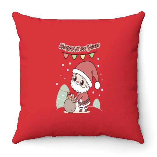 Chibi Santa Happy New Year Celebration Throw Pillows