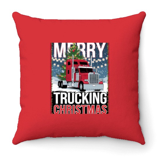 Merry Trucking Christmas Festive Semi-Truck Card Throw Pillows