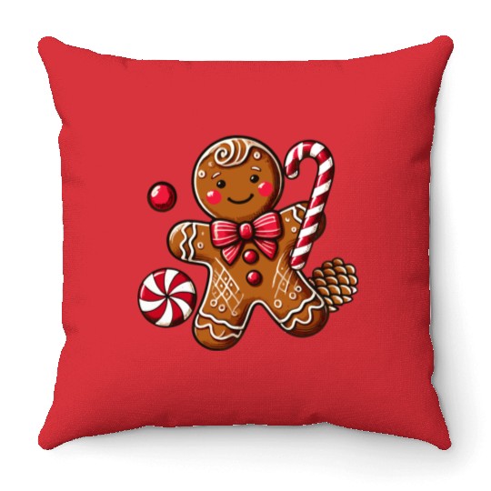 Happy gingerbread man with candy cane Throw Pillows