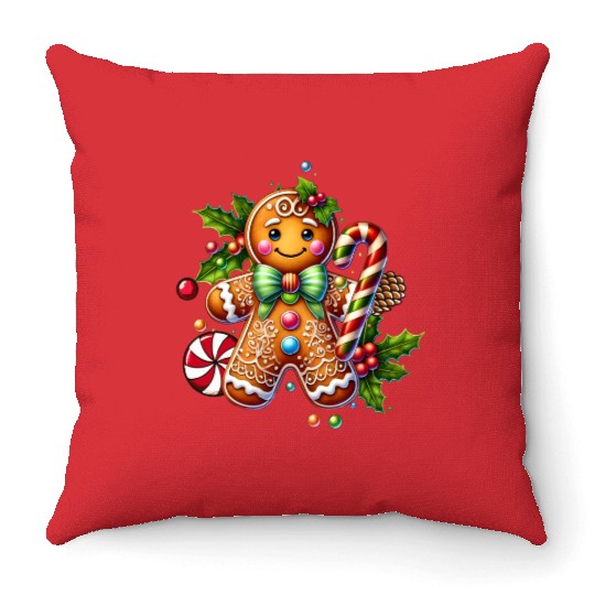 Happy gingerbread man with candy cane Throw Pillows