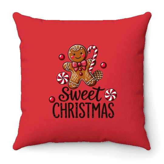 Happy gingerbread man with candy cane Throw Pillows