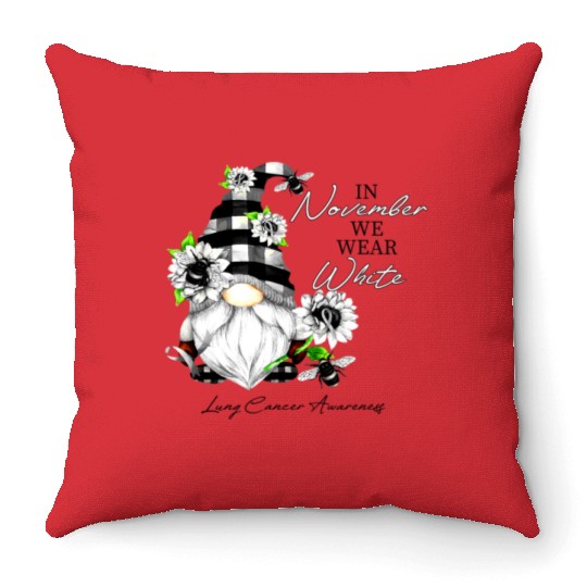 In November We Wear White for Lung Cancer Gnome Throw Pillows