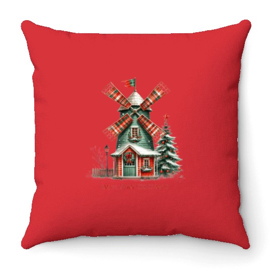 Small Town Christmas Windmill Throw Pillows