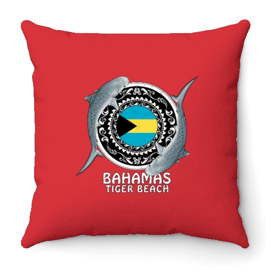 Tiger Beach Bahamas Flag Tiger Shark Bull Shark Throw Pillows